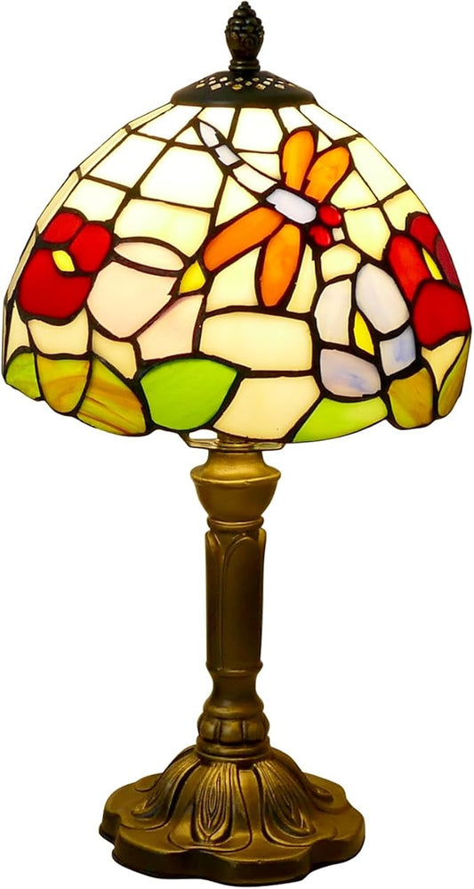 Tiffany Table Lamp Beautiful Dragonfly and Flower Style Lamp Handmade Stained Glass Desk Lamps Gifts Resin Base 14.2" Tall Vintage Reading Lamp for Office,Living Room, Bedroom, Study Room