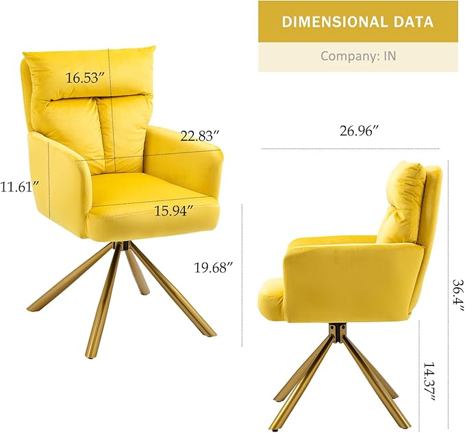 Velvet Office Desk Chair No Wheels, Modern Vanity Chair with Gold Legs, Wide Seat Computer Task Chair for Home Office (Yellow)