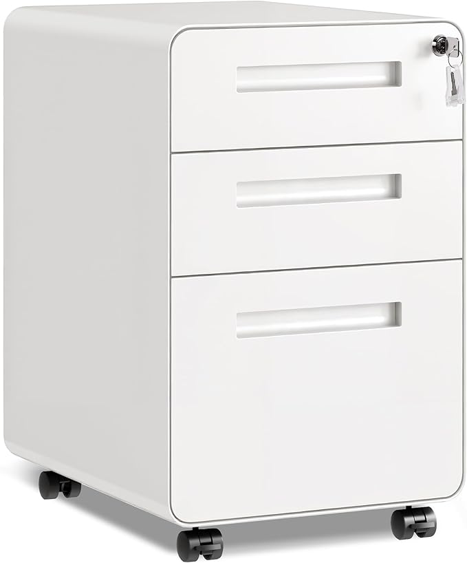 DEVAISE 3-Drawer Metal File Cabinet with Lock, Mobile Filing Cabinet Under Desk for Home Office, Fully Assembled Printer Stand fits Letter/Legal Size, 20" D x 15.8" W x 25" H, White