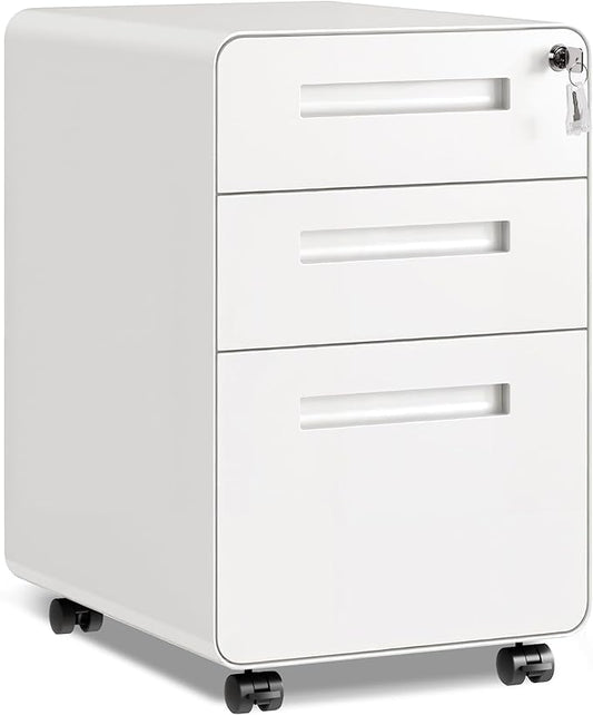 DEVAISE 3-Drawer Metal File Cabinet with Lock, Mobile Filing Cabinet Under Desk for Home Office, Fully Assembled Printer Stand fits Letter/Legal Size, 20" D x 15.8" W x 25" H, White