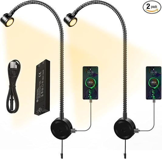 VST Bed Reading Lights for Headboard, Bedside Wall Mounted Reading Lamp, Reading Light Touch to Adjust Brightness with USB/Type-C Charging Ports, ETL-Listed