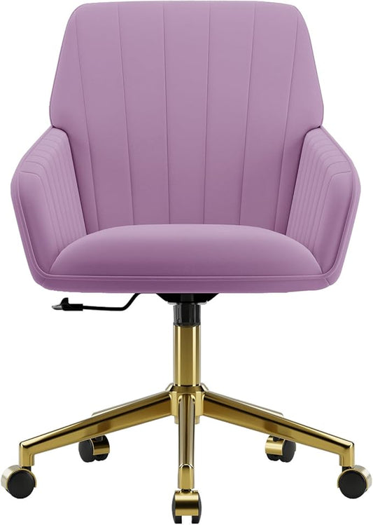 YISHENG Velvet Office Desk Chair with Gold Base, with Wheels,Modern Height Adjustable 360 Degree Swivel Upholstered Vanity Chairs with Arms for Living Room Bedroom,Purple