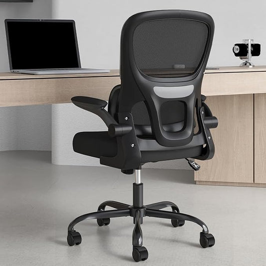 Soohow Office Chair, Mesh Ergonomic Office Chair with Lumbar Support, Comfy Computer Desk Chair with Flip Armrest Rolling Wheels for Home Study Room Office, Black & Black