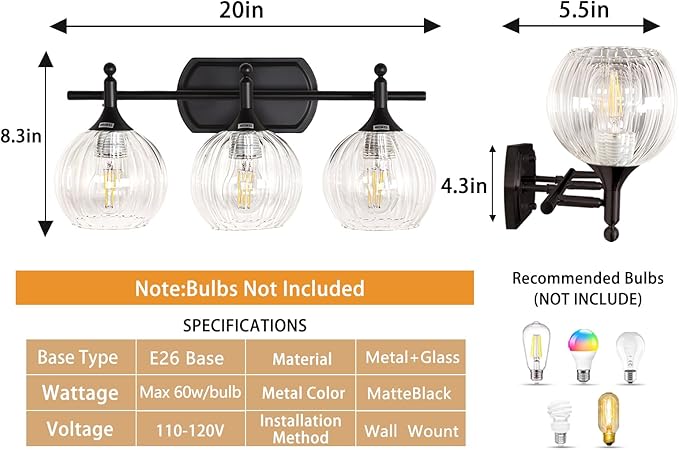 Matte Black Bathroom Vanity Light 3-Light Vanity Lights for Bathroom 10%-100% Dim(Night/Makeup Mode) Warm to Cool Light Switch Fog-Proof & Crystal Shade 20'' Wall Sconce