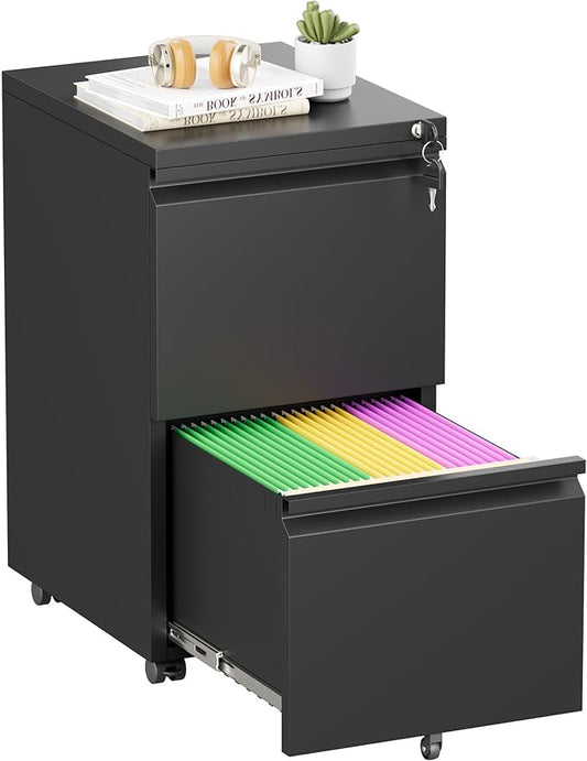 Superday 2 Drawer File Cabinet, Metal Rolling Filing Cabinet with Lock, Small File Cabinets with 2 Drawer, Filing Cabinets for Home Office Fit A4/Letter/Legal, Easy Assemble, Black