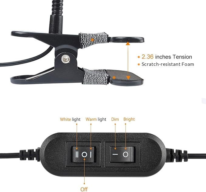 LEPOWER Clip on Light/Reading Lights/Book Light/Desk Lamp Color Changeable/Night Lights Clip on for Desk, Bed Headboard and Computers, Adapter Included (Black)