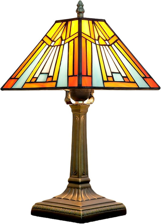 Tiffany Table Lamp Amber Brown Stained Glass Lamp Mission Style Antique Desk Beside Reading Lamp for Office Home Living Room Bedroom