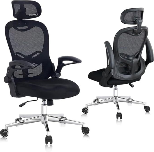 Office Chair, Ergonomic Breathable Mesh,Flip-Up Arms and Adjustable High Back Lumbar Support,Comfy Computer Chair for Home Office (Black, 407)