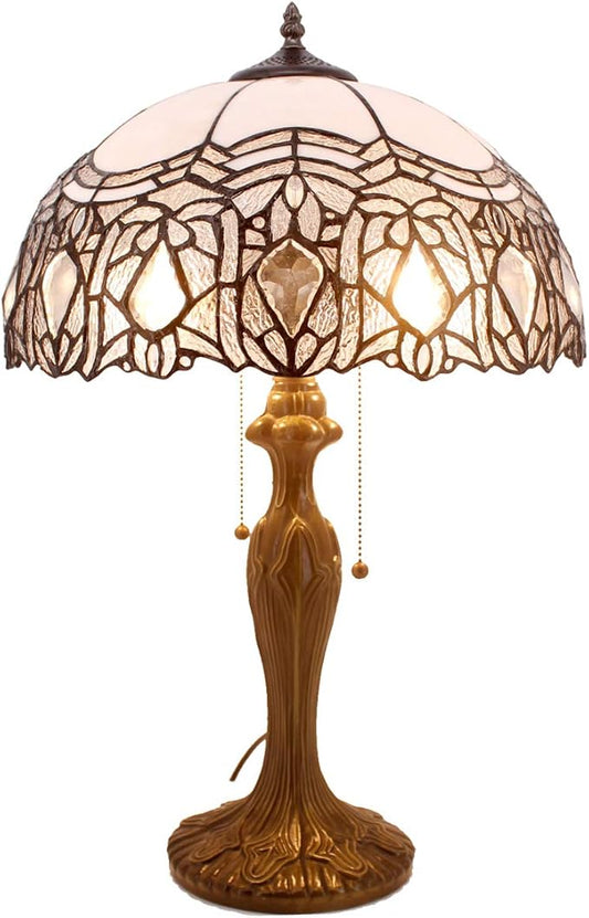 WERFACTORY Tiffany Style Table Lamp White Stained Glass Crystal Bedside Lamp 16X16X24 Inch Desk Reading Light Metal Base Decor Bedroom Living Room Home Office S508W Series