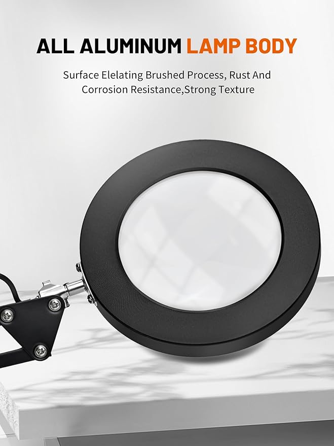 10X Magnifying Glass with Light and Clamp, Real Glass Lens Magnifier Lamp with 3 Color Modes & 270° LED Light, Dimmable Hands-Free Desk Clamp Lamp for Crafts, Reading, Painting, Repairing