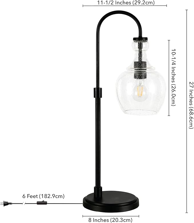 Henn&Hart 27'' Mid-Century Modern 1-Light Table Lamp with Seeded Glass Dome Shade for Living Room, Bedroom, or Office, Blackened Bronze
