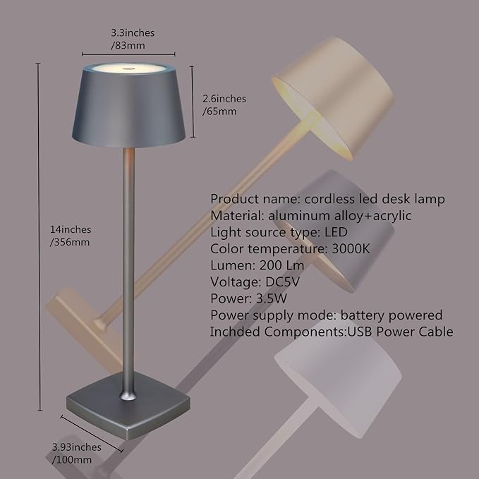 Rechargeable led Cordless Table Lamps, Aluminum, dimmable,Suitable for Indoor and Outdoor Lighting Grey