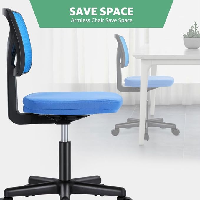 Armless Mesh Office Chair, Ergonomic Low Back Deskchair, Adjustable Rolling Task Computer Swivelchairs for Small Spaces Home Bedroom Study, Blue