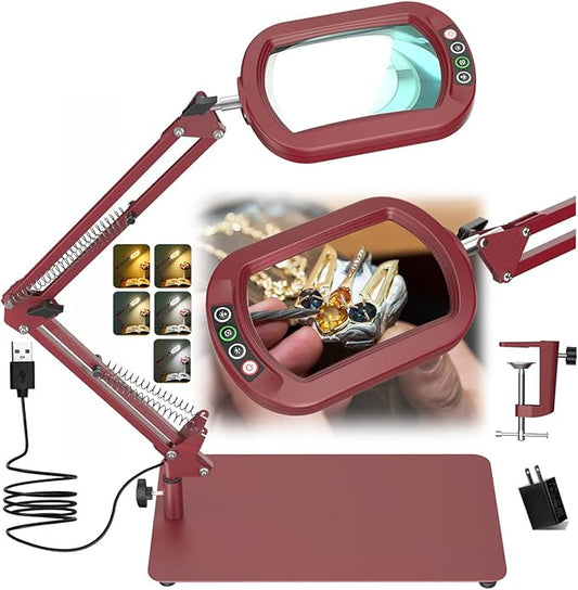 Veemagni 10X Rectangle Magnifying Glass with Light and Stand, 5 Color Modes Stepless Dimmable, 2-in-1 LED Lighted Desk Lamp & Clamp, Hands Free Magnifier for Reading Crafts Painting Close Work - Red
