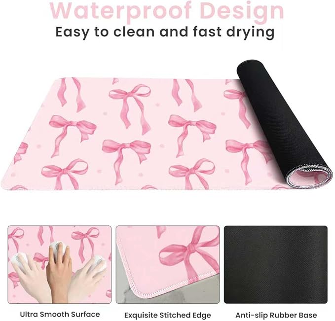 Large Mouse Pad, Pink Bow Desk Mat Gaming Mouse Pad 31.5 x 11.8in for Laptop Computer PC, Non-Slip Rubber Base Cute Bows Mousepad Office Accessories Desktop Decor Bow Coquette Mat for Girls