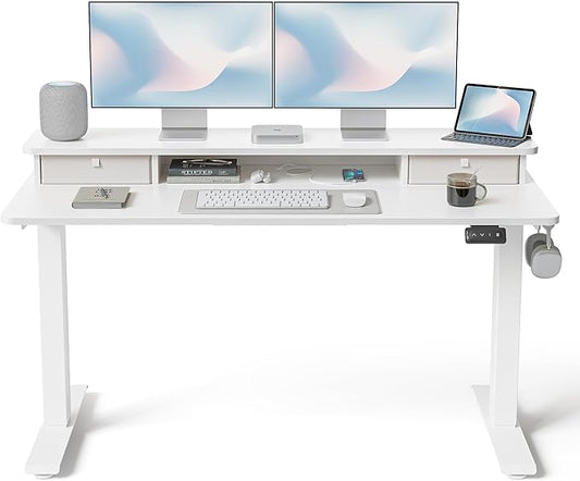 FEZIBO 55 x 24 Inch Height Adjustable Electric Standing Desk with Double Drawer, Computer Desk, Home Office Stand Up Table with 4 Height-Adjustable Feets & 2 Hooks, White