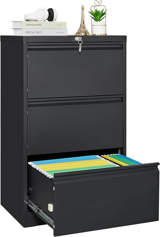 GarveeLife 3 Drawers Lateral File Cabinet with Lock, Metal Filing Cabinet with Card Holder, Steel Drawer File Cabinets Under Desk for Home Office Legal/Letter/f4/a4 Size Black