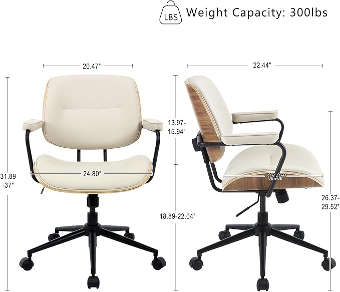BV Mid Century Modern Office Chair Set of 1, Swivel Rolling Deak Chair with Armrests and Walnut Back, Adjustable Desk Chair for Home Office, Beige