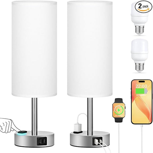 White Touch Nightstand Lamps Set - 3 Way Dimmable Bedside Table Lamp for Bedroom with USB Ports, Small Lamps with AC Outlet for Girls Dorm Nursery, Silver Base