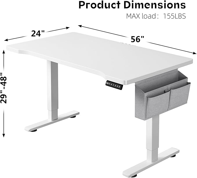 EnHomee 55 x 24 Inches Electric Standing Desk with Light Strip, Stand up Desk with Memory Preset, Height Adjustable Desks for Work Home Office, Computer Desks with Detachable Side Mount Pocket, White
