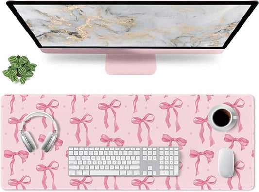 Large Mouse Pad, Pink Bow Desk Mat Gaming Mouse Pad 31.5 x 11.8in for Laptop Computer PC, Non-Slip Rubber Base Cute Bows Mousepad Office Accessories Desktop Decor Bow Coquette Mat for Girls