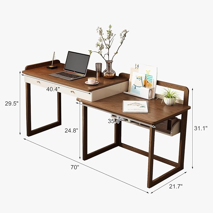Lartis Extendable to 70" Solid Wood Desk, Storage Study Table with Side Unit, Multifunctional Workbench, Modern Office and Study Computer Desk