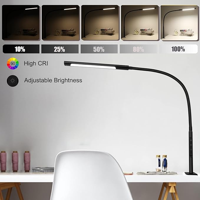 Swing Arm Lamp, 12W Eye-Care Flexible Gooseneck Desk Lamp, Stepless Dimming and Adjustable Color Temperature Modern LED Clamp Light with Memory Function