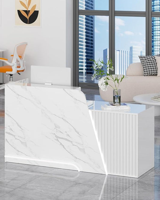 White Reception Desk, Solid Wood Reception Desk with Counter, Check Out Stand with Lockable Drawer & Cabinet, Retail Checkout Counter for Office, Store, Beauty Salon (White Grille-R, 63in)