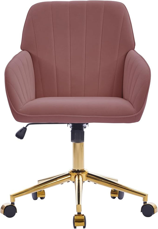 YISHENG Velvet Office Desk Chair with Gold Base, with Wheels,Modern Height Adjustable 360 Degree Swivel Upholstered Vanity Chairs with Arms for Living Room Bedroom,Rose