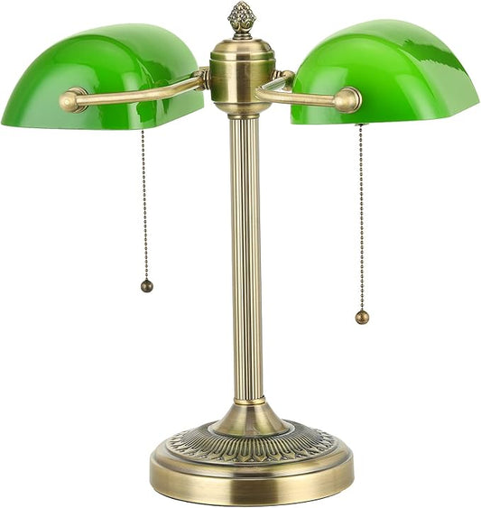 Newrays Glass Bankers Desk Lamp with Pull Chain Switch Plug in Fixture (Green-2L, Classic)