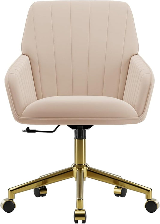 YISHENG Velvet Office Desk Chair with Gold Base, with Wheels,Modern Height Adjustable 360 Degree Swivel Upholstered Vanity Chairs with Arms for Living Room Bedroom,Khaki