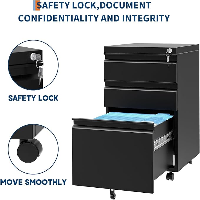 3-Drawer Mobile File Cabinet with Lock & Wheels, Under Desk Lateral Filing Cabinet for Legal/Letter/A4 Files, Adjustable Shelf, Easy Assembly, Office Home Storage, Dark Black