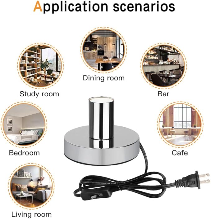 Helunsi Industrial Table Lamp Base, Silver E26 E27 Lamp Base Without Shade, Mini Short Desk Lamp Exposed Bulb Base, Simple Metal Edison Light Bulb Stand, with 5.8ft Cord Switch Plug Bulb Base Holder