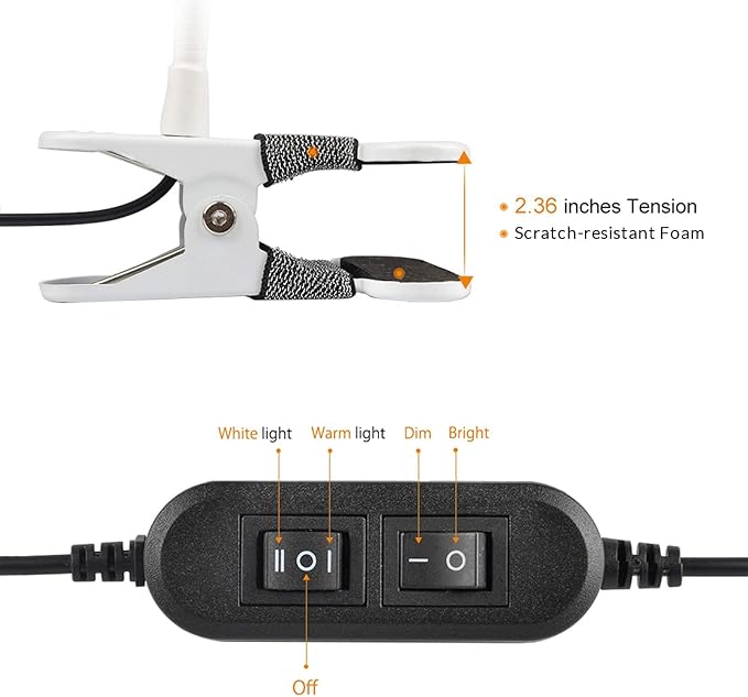 LEPOWER Clip on Light/Reading Lights/Book Light Color Changeable/Night Lights Clip on for Desk, Bed Headboard and Computers, Adapter Included (White)