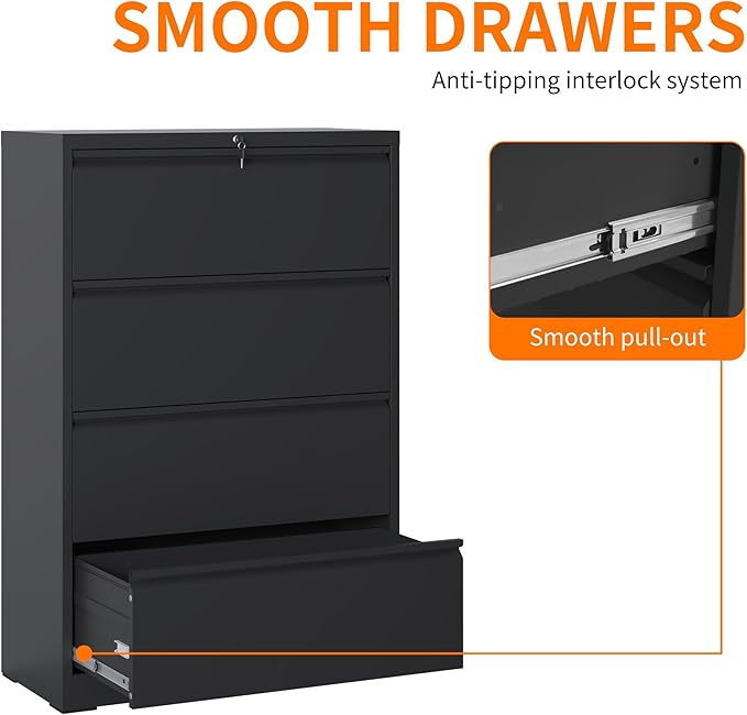 Locking File Cabinet with 4 Drawer Heavy Duty Large Metal Filing Cabinet Home Office Lateral File Cabinets Wide Steel Cabinets for Legal/Letter Size,Assembly Required