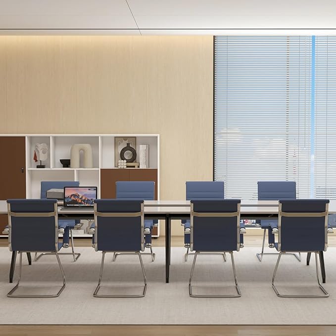 Wahson Office Guest Chairs Set of 8, Leather Reception Chairs, Mid Back Waiting Room Chair, Conference Chairs with Sled Base, Desk Chair No Wheels for Meeting/Lobby/Restroom, Navy Blue