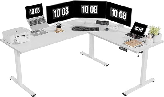 SANODESK Electric Corner L-Shaped 71 x 63 in Standing Desk, Memory Height Adjustment, White Top White Frame