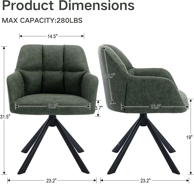 Home Office Chair with Arm, Comfy Desk Chair No Wheels, Upholstered Leather Computer Chair, Swivel Accent Chair for Bedroom, Office, Small Spaces, Green