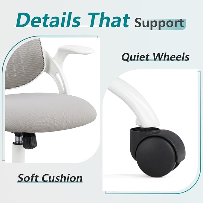 SMUG Office Chair Ergonomic Desk Lumbar Support, Computer Chairs Gaming Mesh with Wheels and Headrests, Flip-up Arm,Adjustable Position for Home, Work, Study, Grey