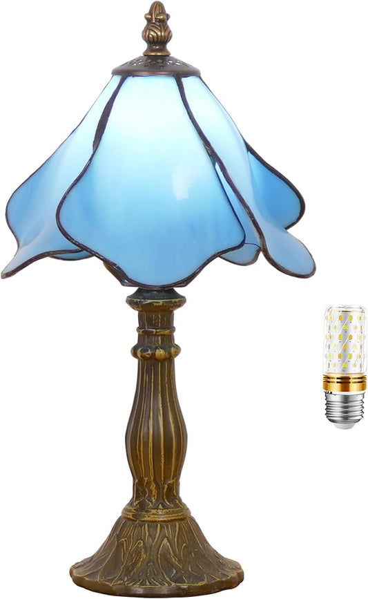Small Tiffany Lamp Mini Stained Glass Table Lamp Bedside Accent Lamp Memory Sympathy 8X14.5 Inch (Blue)