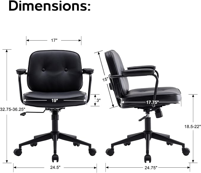 LukeAlon Adjustable Pu Leather Office Chair, Comfy 360° Swivel Task Chair with Armrest Modern Thickened Seat Desk Chair Tiltable Computer Chair with Button Tufted for Home Office, Black