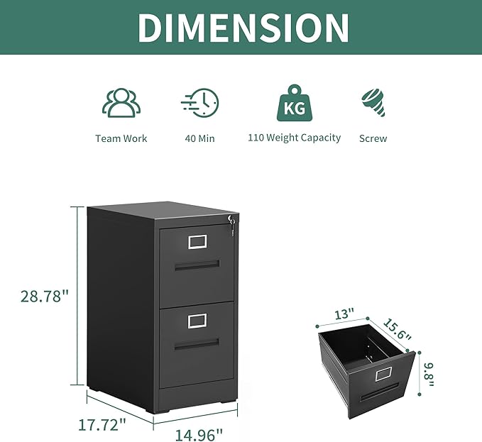 2 Drawer Vertical File Cabinet Home Office Metal Filing Cabinet, D17.7 Locking File Cabinets with Keys, Anti-Tilt Design, Steel Drawer Cabinet for A4/Legal/Letter,Need Assemble (Black)
