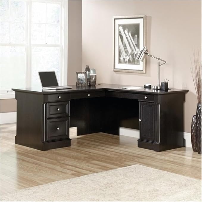 Pemberly Row Contemporary Engineered Wood L-Shaped Computer Desk with 3 Drawers, Flip-Down Panel, Grommet Holes, for Office Space, in Wind Oak Finish