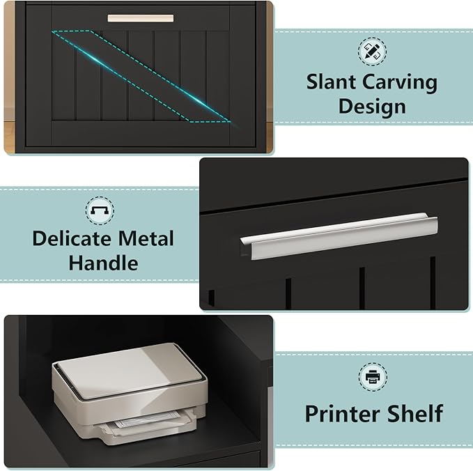 63" Farmhouse L Shaped Desk with Drawers & Storage Shelf, Corner Computer Desk with Power Outlets for Home Office, Executive Desk with Monitor Stand, Printer Shelf, Black