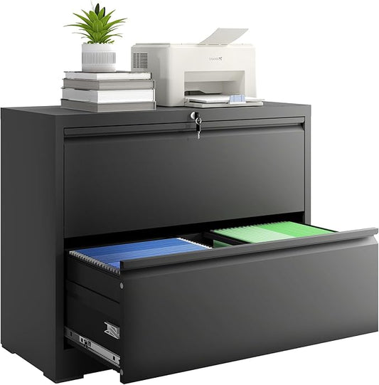 2 Drawer File Cabinet with Lock, Lateral Filing Cabinets,Metal Storage Filing Cabinets for Home Office, Heavy Duty File Cabinet for Letter/Legal/A4/F4 Size Amssebly Required, Black