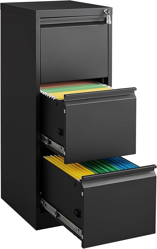3 Drawer File Cabinet with Lock, Vertical File Cabinets for Home Office, Metal Filing Cabinets, Heavy Duty Steel Lockable Filing Storage Cabinet for Letter/Legal/A4/F4 Size Files, Black