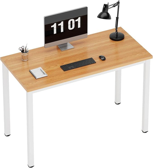 Need Small Desk, 39.4 inches Sturdy Writing Desk for Small Spaces, Small Computer Desk Teens Desk Study Table Laptop Desk Home Ofice Desk, White Metal Frame, Teak