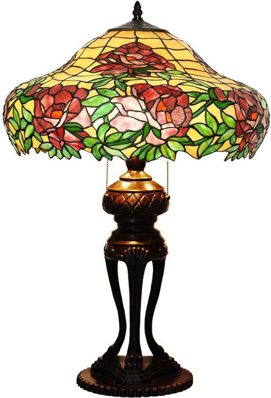 Tiffany Lamp Table Lamp Rose Dragonfly Tulip Wisteria Grape Peach Kapok Peony Apple Flower Design Stained Glass Lampshade Desk Lamp for Girl Living Room Iron Base W20 XH32,Peony