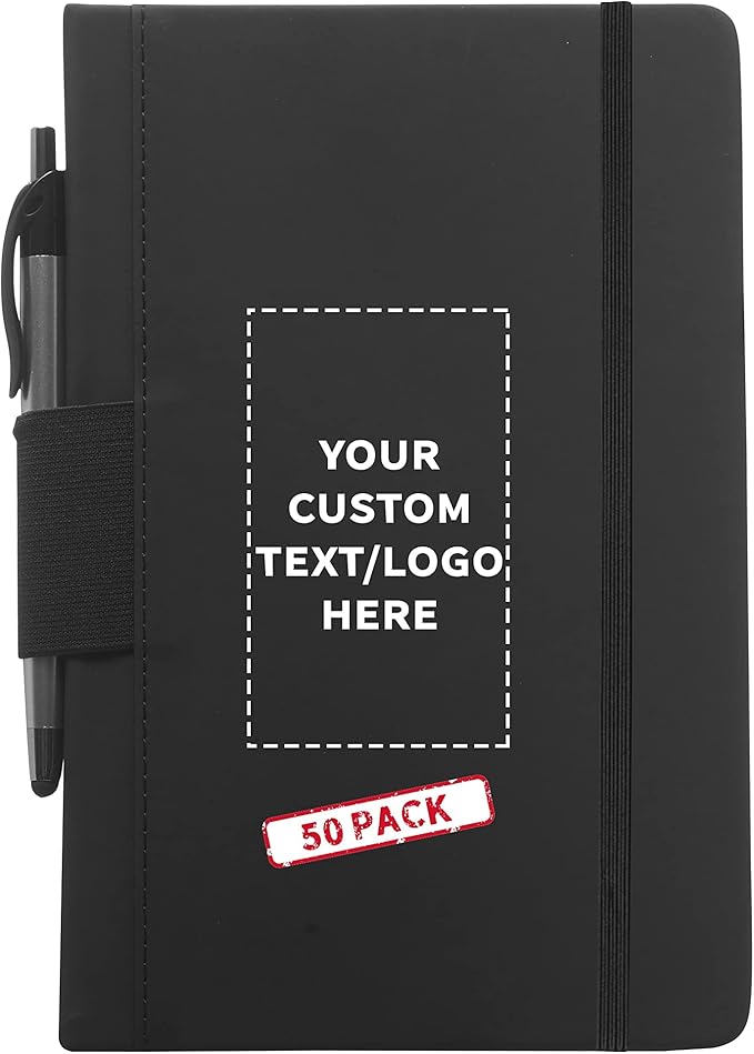 DISCOUNT PROMOS 100 Executive Notebooks with Pen Pack - Customizable Text, Logo - 6 x 8.5 inches, Recycled, Pen Loop, Closure Strap - Black