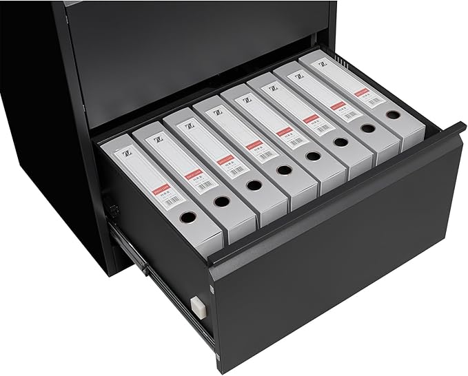 GarveeLife 3 Drawers Lateral File Cabinet with Lock, Metal Filing Cabinet with Card Holder, Steel Drawer File Cabinets Under Desk for Home Office Legal/Letter/f4/a4 Size Black